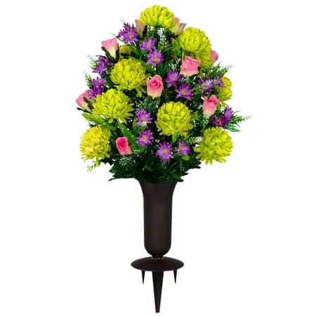 Lime Mum and Pink Rose with Sympathy Silks Vase - View 1