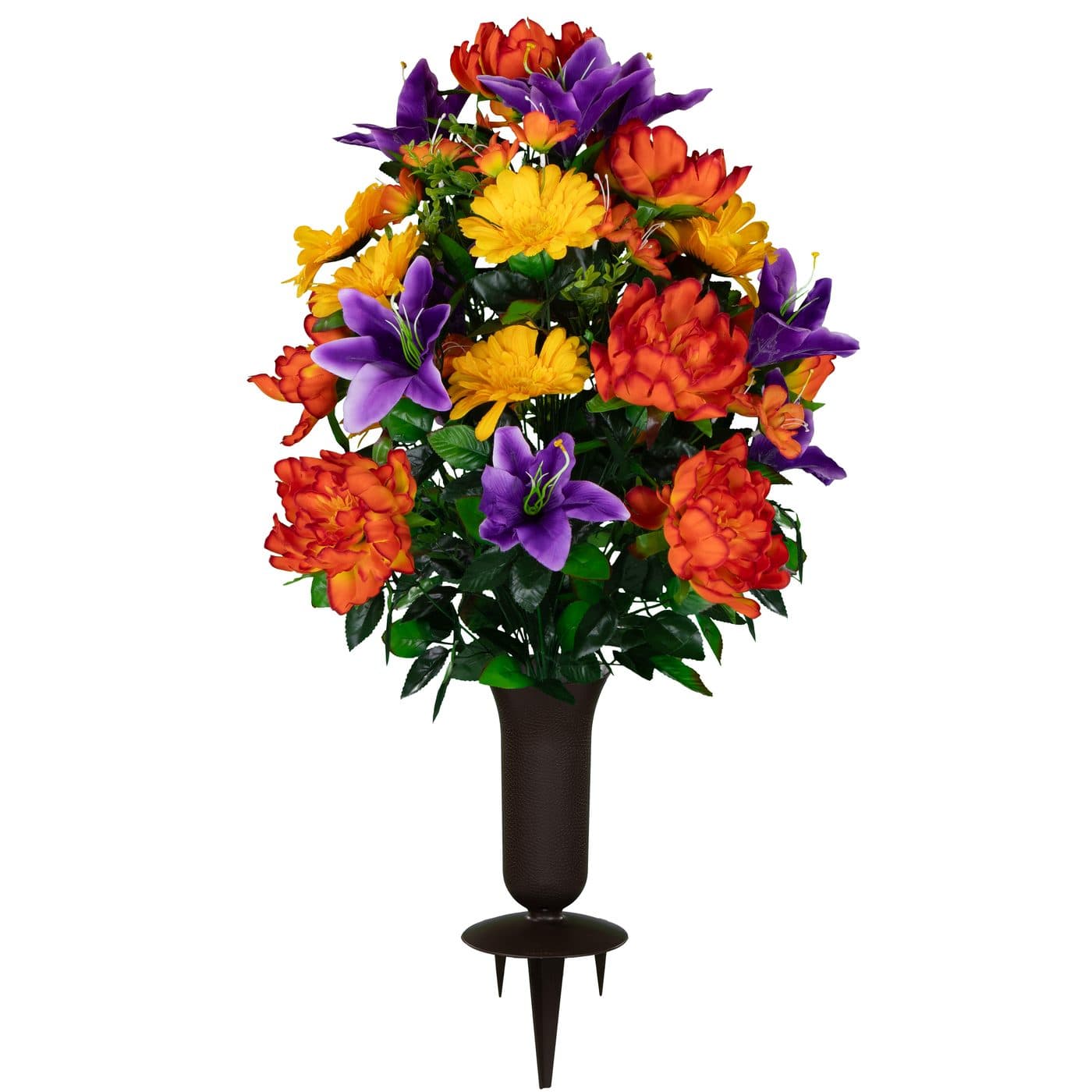 Orange Peony Purple Lilies and Yellow Daisies with Sympathy Silks Vase