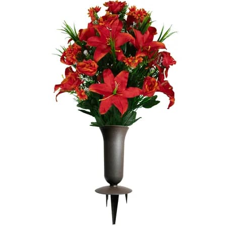Fire Red Lily Rose and Daisies with Sympathy Silks Vase - View 1
