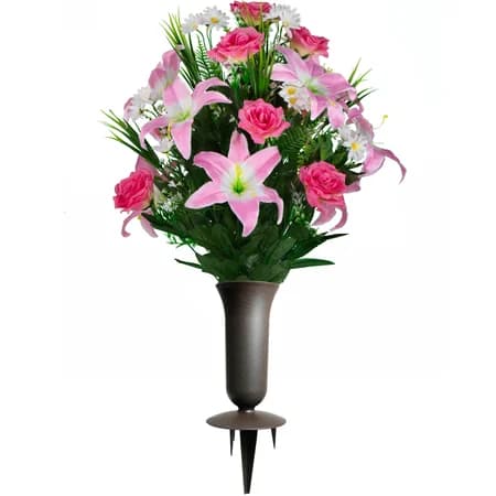 Pink Lily and Rose with Daisies with Sympathy Silks Vase
