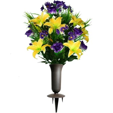 Yellow Lily with Purple Roses and Daisies with Sympathy Silks Vase - View 1