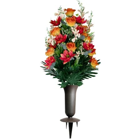 Orange Roses and Vermillion Lotus Bouquet with Sympathy Silks Vase - View 1