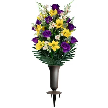 Purple Roses and Yellow Lotus Bouquet with Sympathy Silks Vase