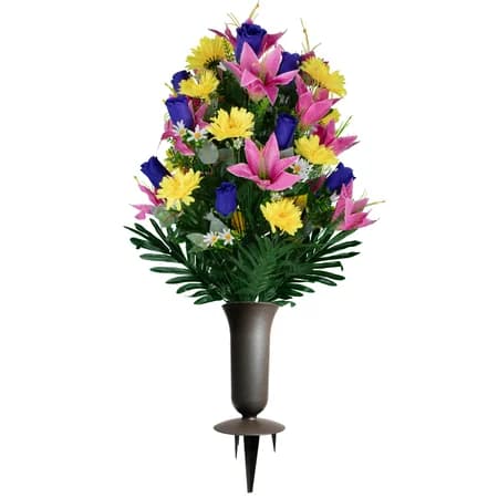 Pink Lilies with Yellow Daisies and Purple Roses with Sympathy Silks Vase