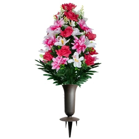 Pink Roses with White Orchids and Pink Dahlias with Sympathy Silks Vase - View 1