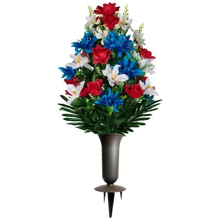 Red Roses with White Orchids and Blue Dahlias with Sympathy Silks Vase - View 1