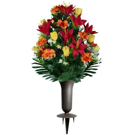 Red Lilies with Sunrise Daisies and Yellow Roses Bouquet with Sympathy Silks Vase - View 1