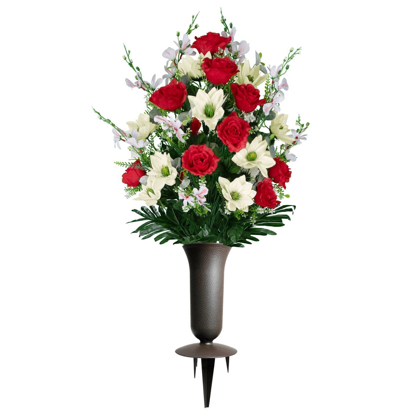 Red Roses with Cream Lotus Bouquet with Sympathy Silks Vase