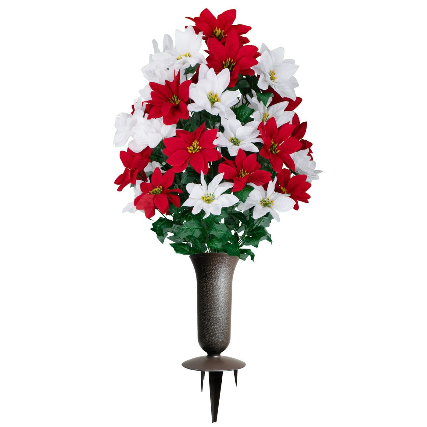 Red and White Poinsettia Bouquet with Sympathy Silks Vase