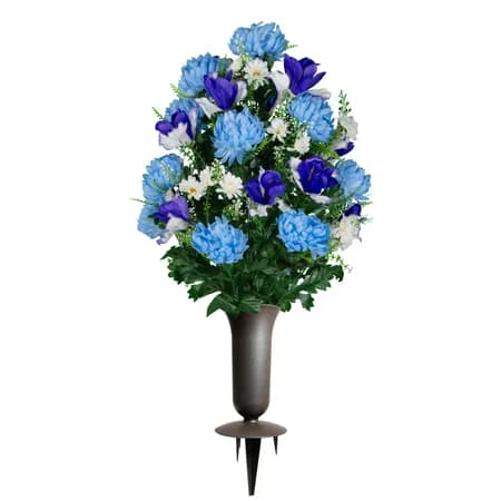 Light Blue Mums and Purple Iris with Sympathy Silks Vase