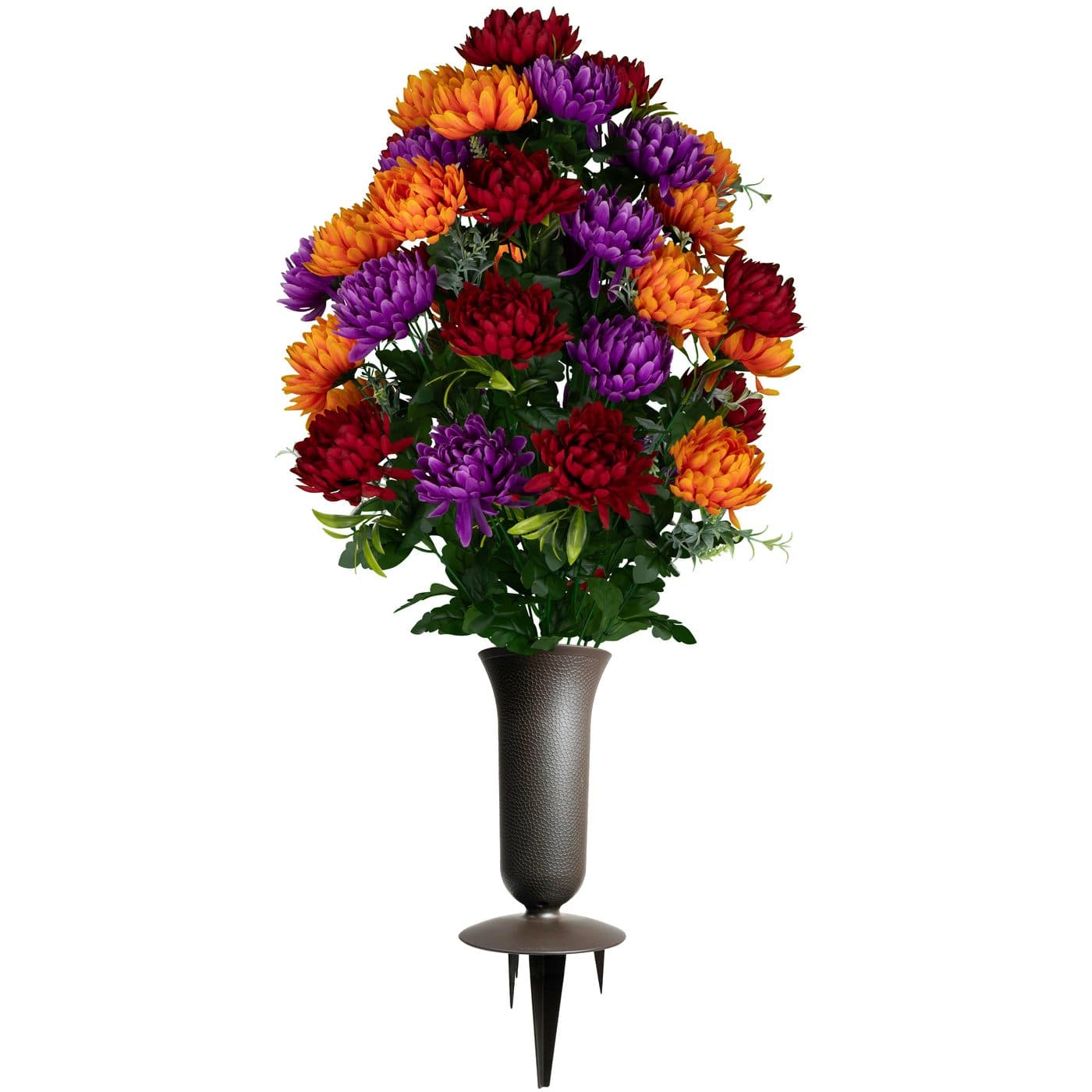 Burgundy, Orange, and Purple Mums with Sympathy Silks Vase