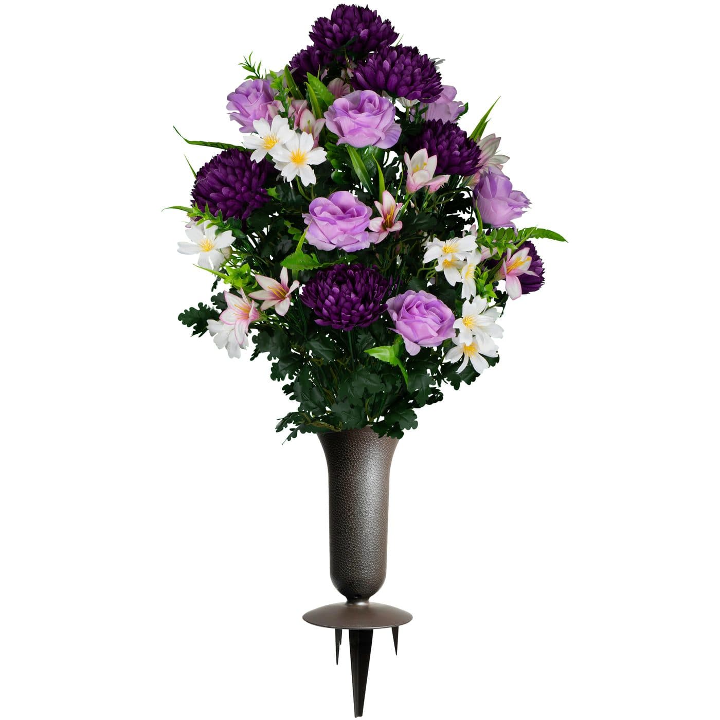 Lavender Roses and Rain Lilies with Purple Mums with Sympathy Silks Vase