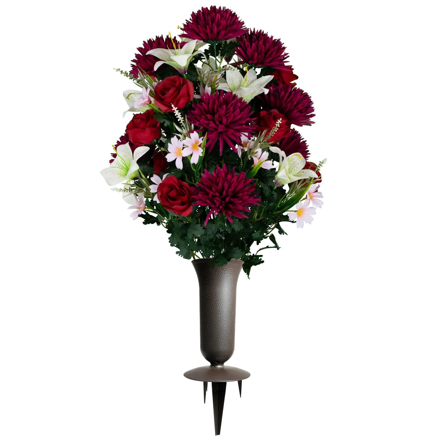 White Stargazer Lilies with Red Roses and Burgundy Mums Bouquet with Vase - View 1