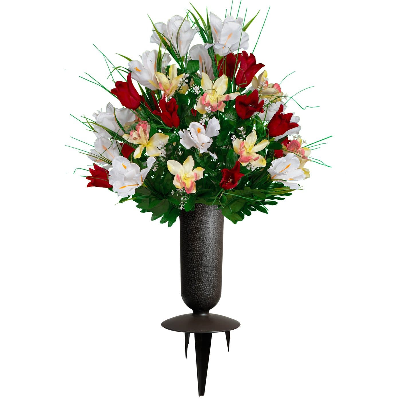 Red Tulip and White Iris Bouqet with Sympathy Silks Vase - View 1