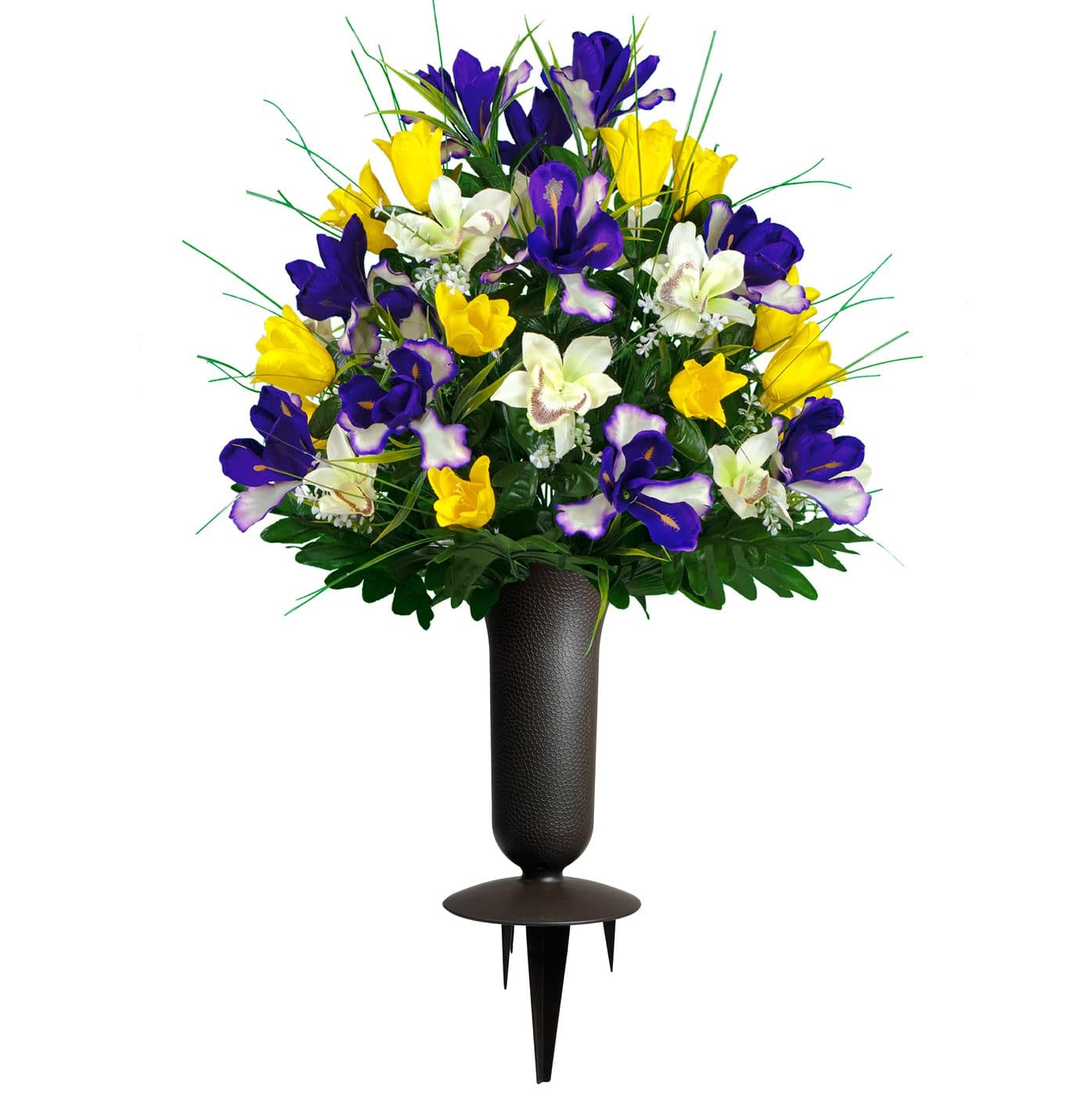 Yellow Tulips and Purple Iris with Sympathy Silks Vase - View 1