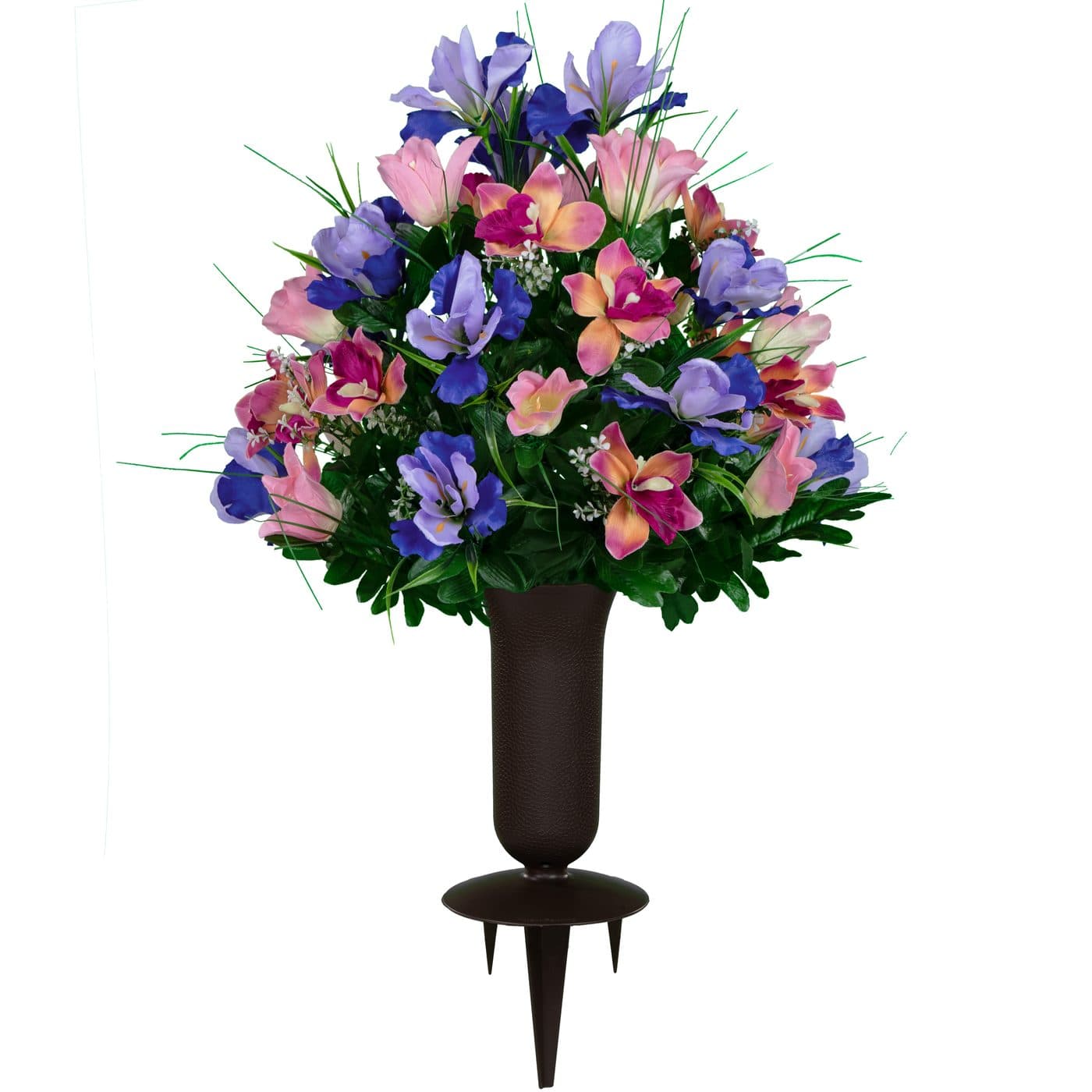 Pink Tulips and Purple Iris with Sympathy Silks Vase