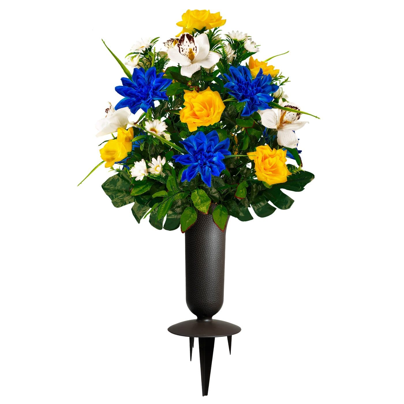 Blue Dahlia Yellow Rose with White Orchid Mix with Sympathy Silks Vase