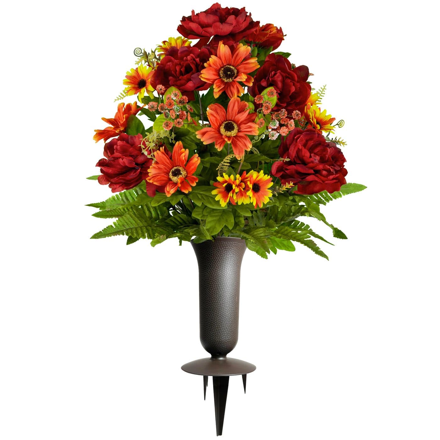 Burgundy Peony and Orange Daisy with Sympathy Silks Vase - View 1