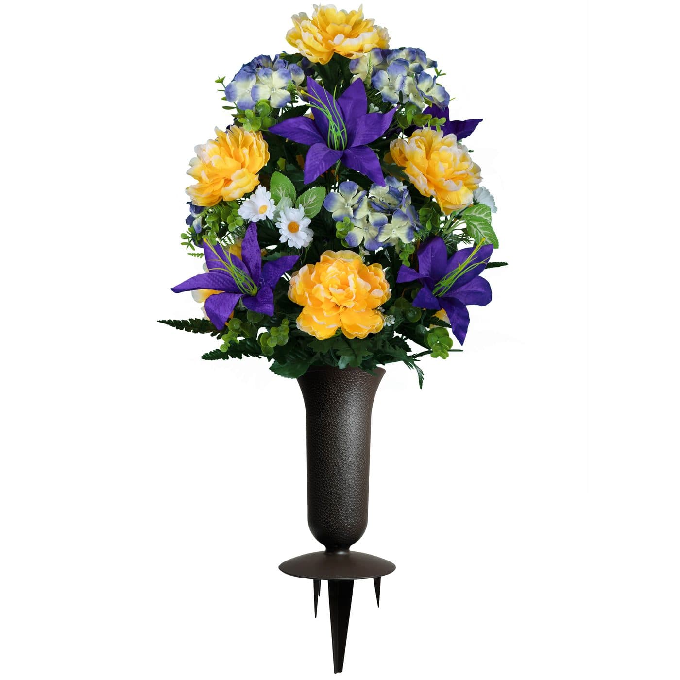 Purple Lily and Yellow Peony with Sympathy Silks Vase