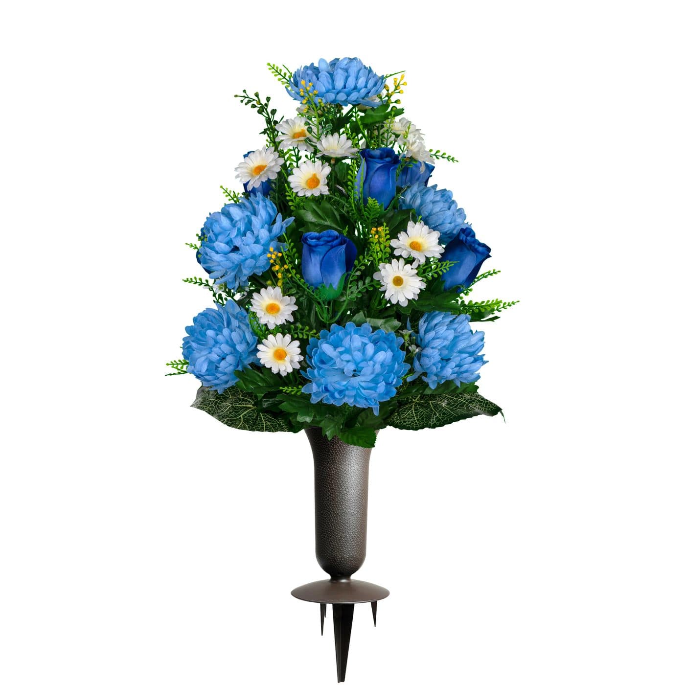 Blue Rose and Light Blue Mum with Sympathy Silks Vase