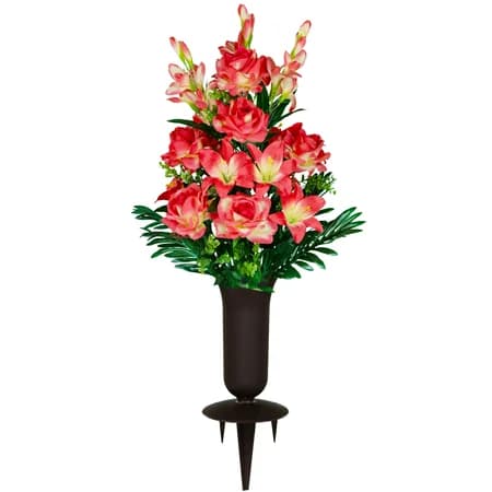 Coral Gladiolus Rose and Lily Bouquet with Sympathy Silks Vase