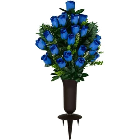 Blue Rose with Palm Leaves with Vase - View 1