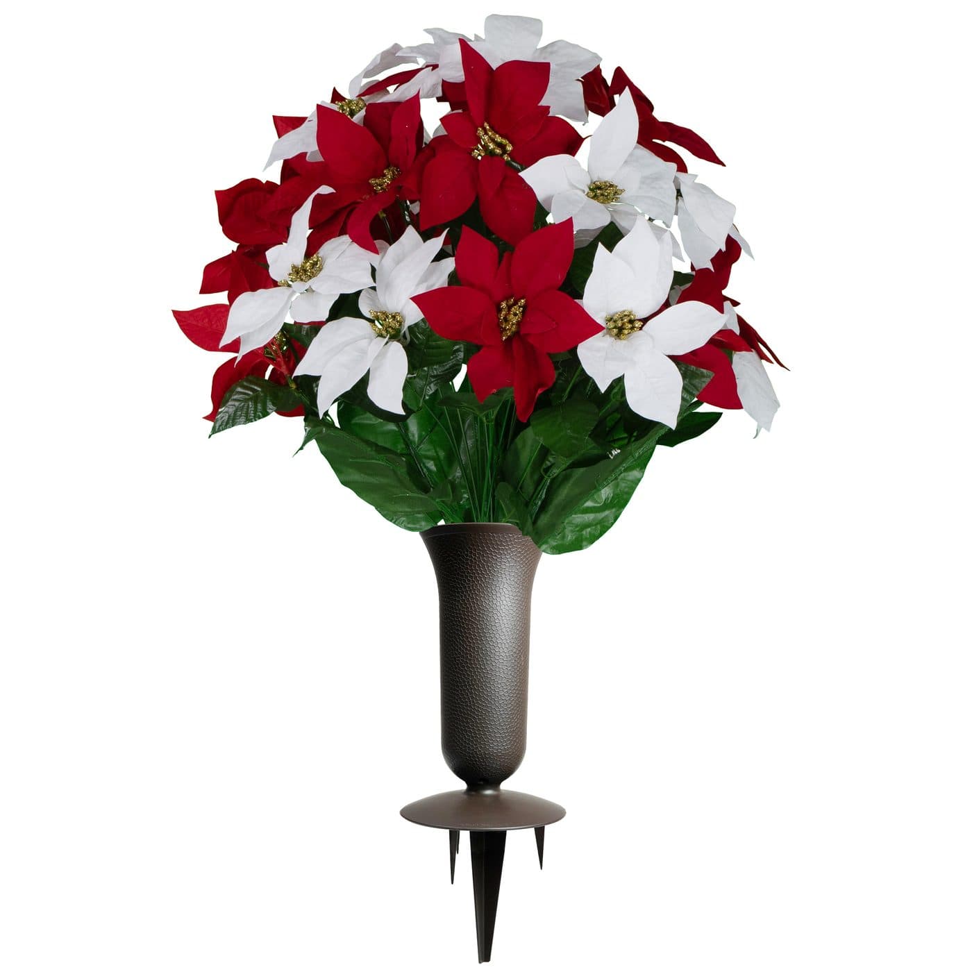 Red and White Poinsettias and Gold Glitter with Vase