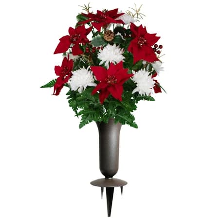 Red Poinsettias with White Mums Holly and Pinecones
