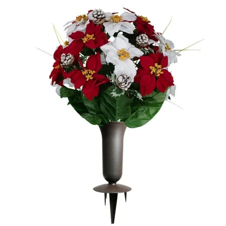 Red and White Poinsettias and Frosted Pinecones with Vase - View 1