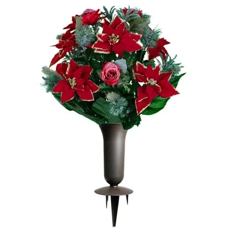 Red Poinsettias and Roses with Glitter and Frosted Pine Branches With Vase