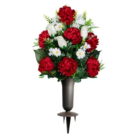 Cream Roses with Red Mums Bouquet with Sympathy Silks Vase - View 1