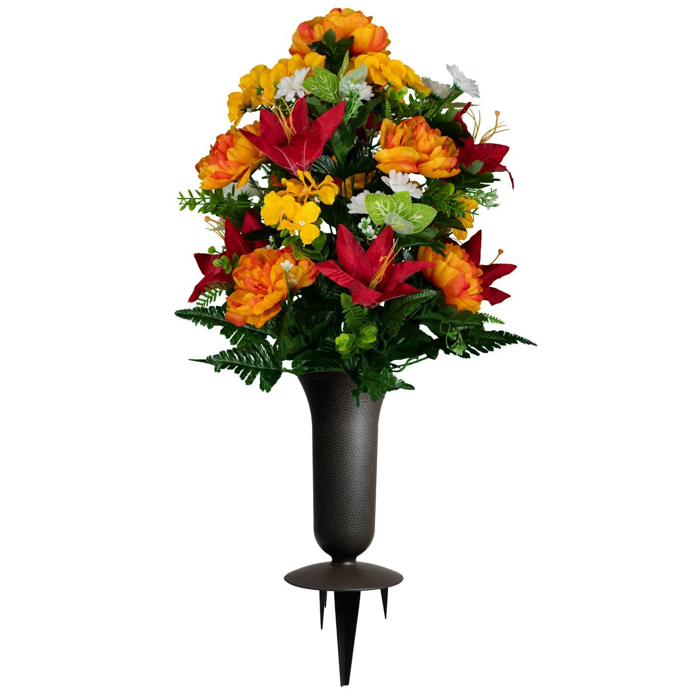 Red Lily and Sunrise Peony Bouquet with Sympathy Silks Vase - View 1
