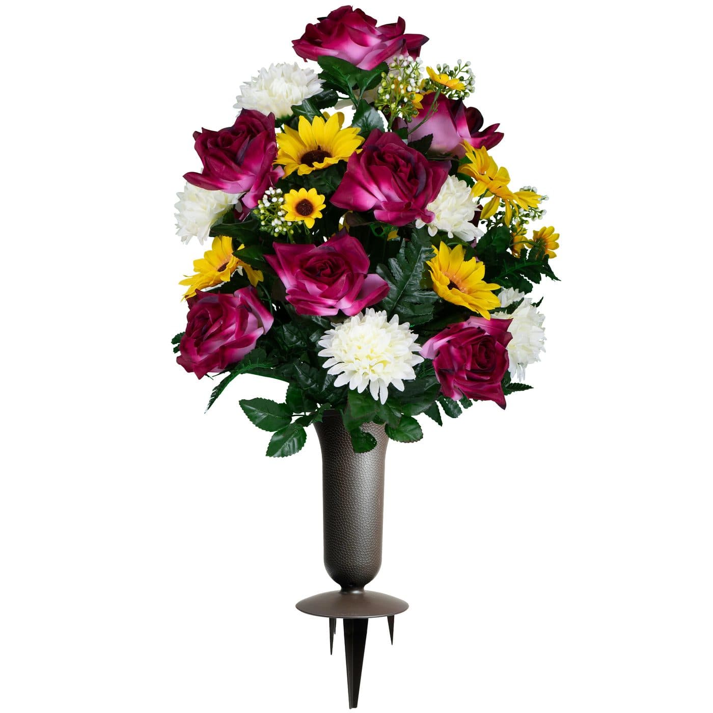 Fuchsia Roses with White Mums and Sunflowers with Sympathy Silks Vase - View 1