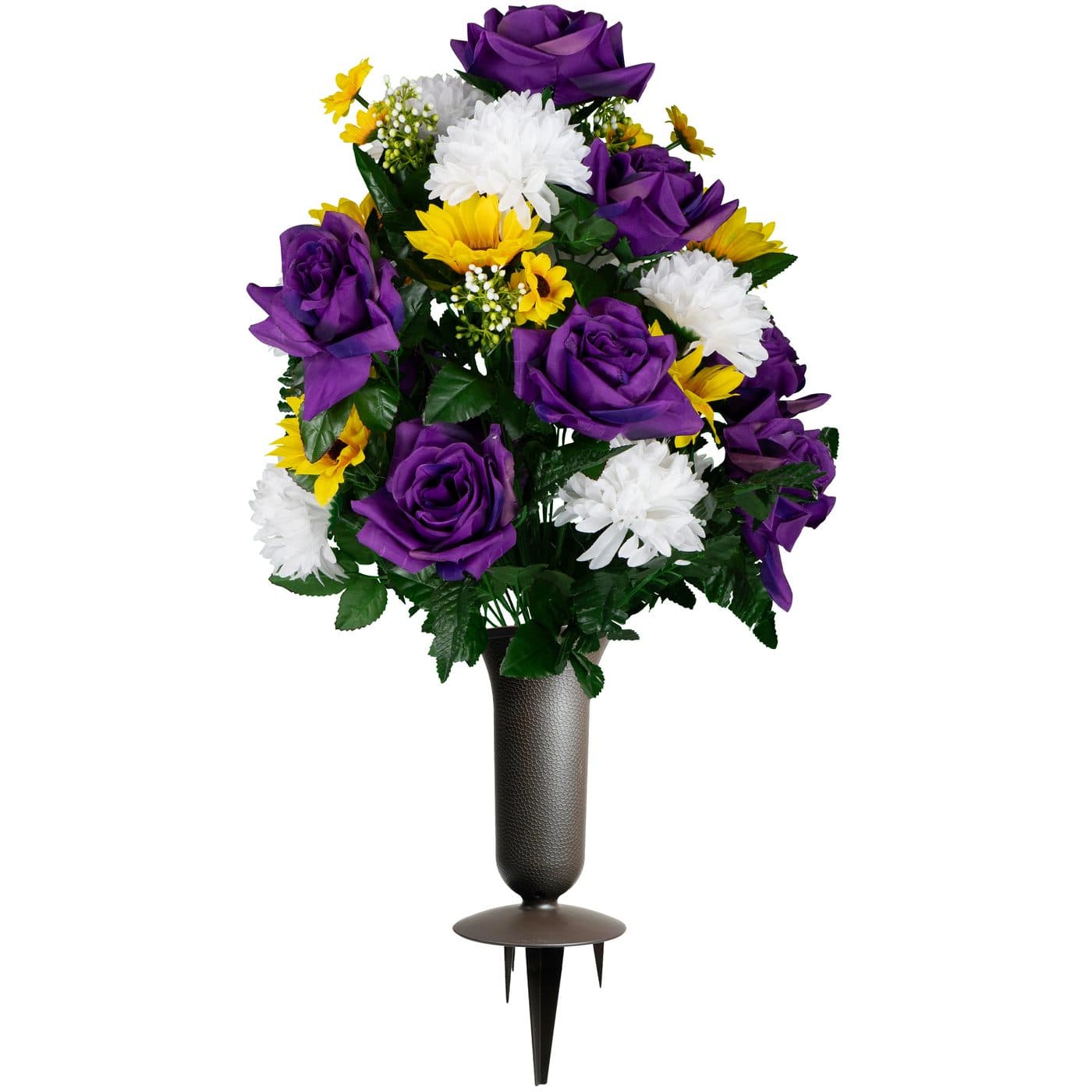 Purple Roses with White Mums and Sunflowers with Sympathy Silks Vase - View 1