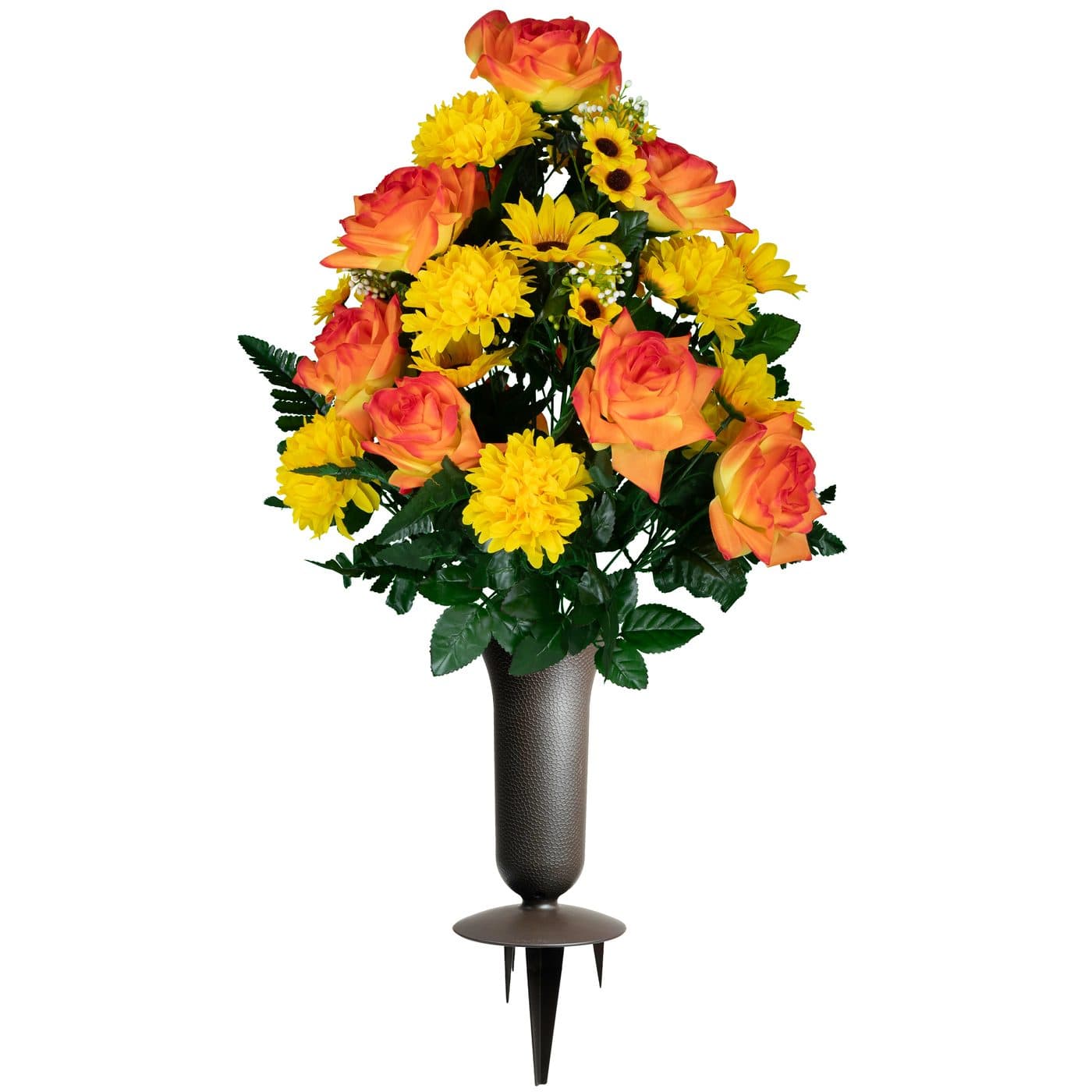 Sunrise Roses with Yellow Mums and Sunflowers with Sympathy Silks Vase - View 1