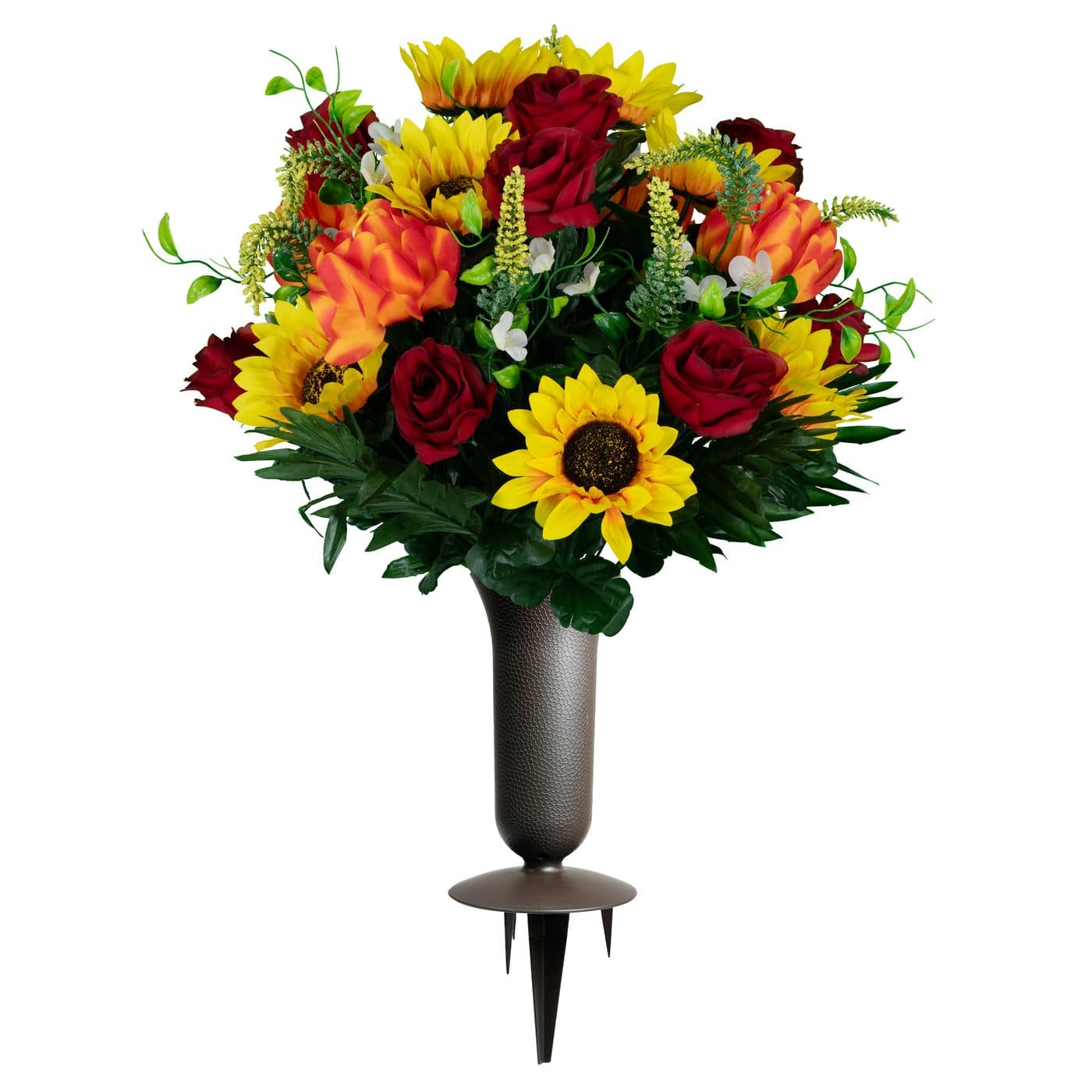 Burgundy Roses with Sunflowers and Orange Lotus Bouquet with Vase - View 1