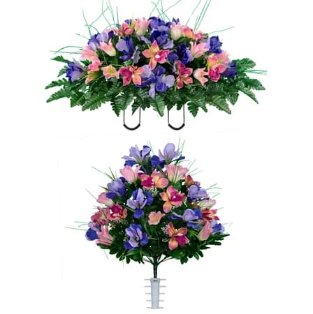 Pink Tulip and Purple Iris Saddle with 1 Bouquet - View 1