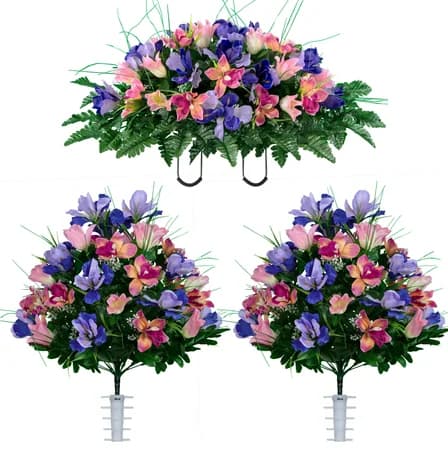 Pink Tulip and Purple Iris Saddle with 2 Bouquets - View 1