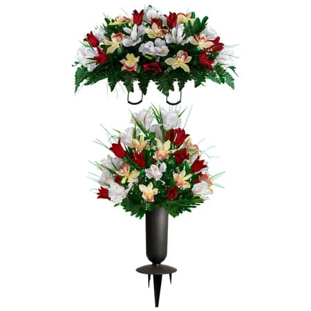 Red Tulip and White Iris Saddle with 1 Bouquet and Sympathy Silks Vase - View 1