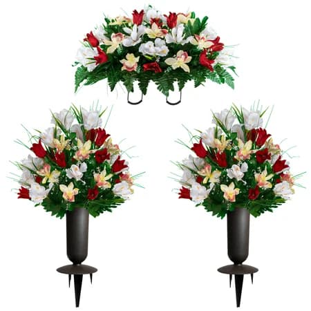 Red Tulip and White Iris Saddle with 2 Bouquets and Sympathy Silks Vase - View 1