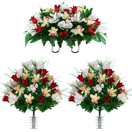 Red Tulip and White Iris Saddle with 2 Bouquets - View 1