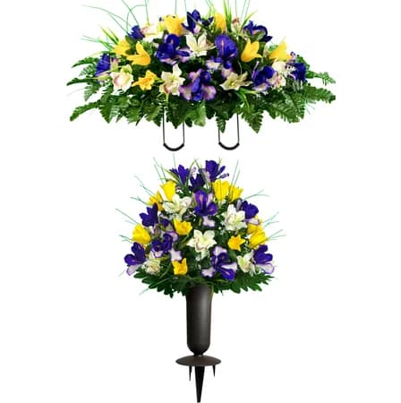 Yellow Tulip and Purple Iris Saddle with 1 Bouquet with Sympathy Silks Vase