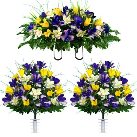 Yellow Tulips and Purple Iris Saddle with 2 Bouquets - View 1