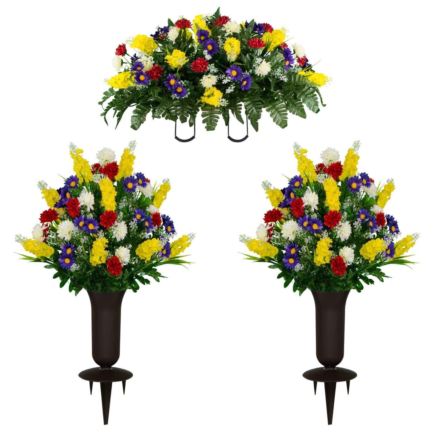 Yellow Purple and Red Wildflower Saddle and (2) Bouquets with Vases - View 1