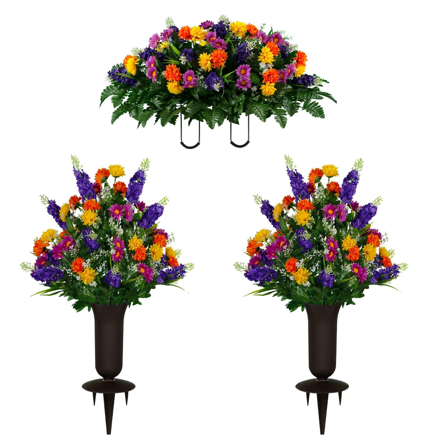 Purple Violet Yellow Wildflower Saddle and (2) Bouquets with Vases