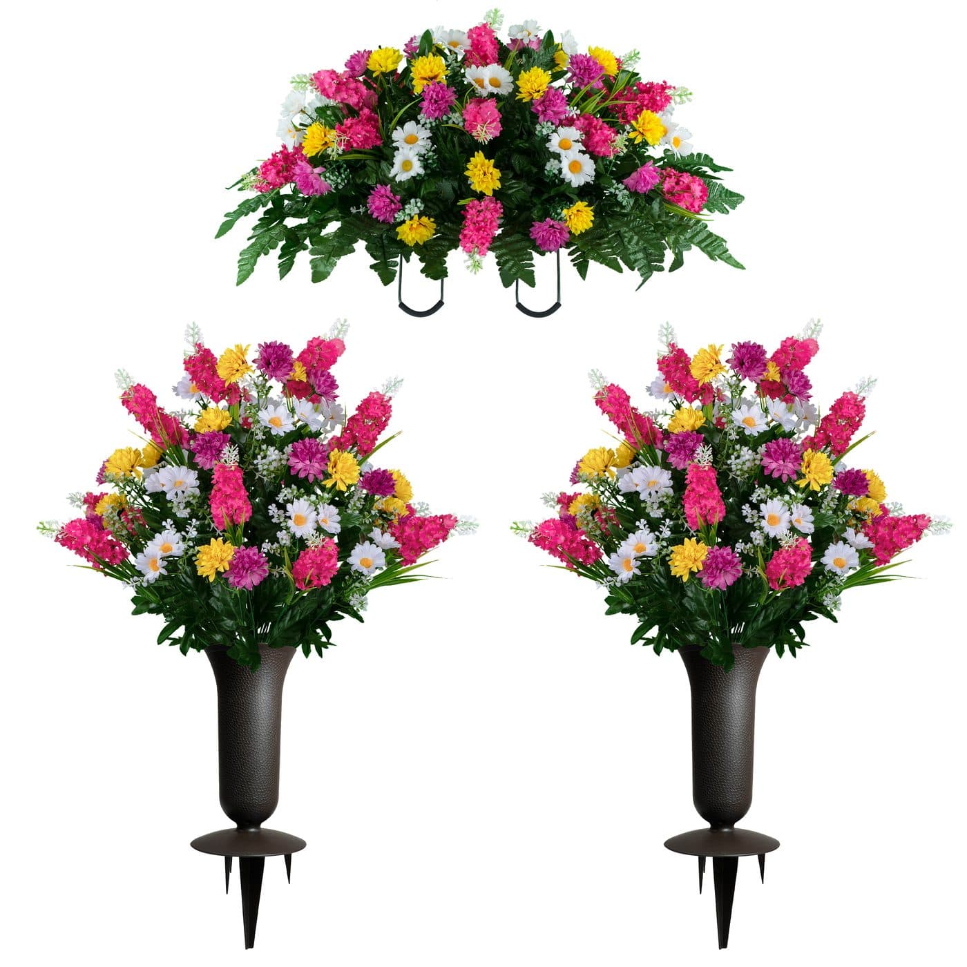 Pink Yellow White Wildflower Saddle and (2) Bouquets with Vases - View 1