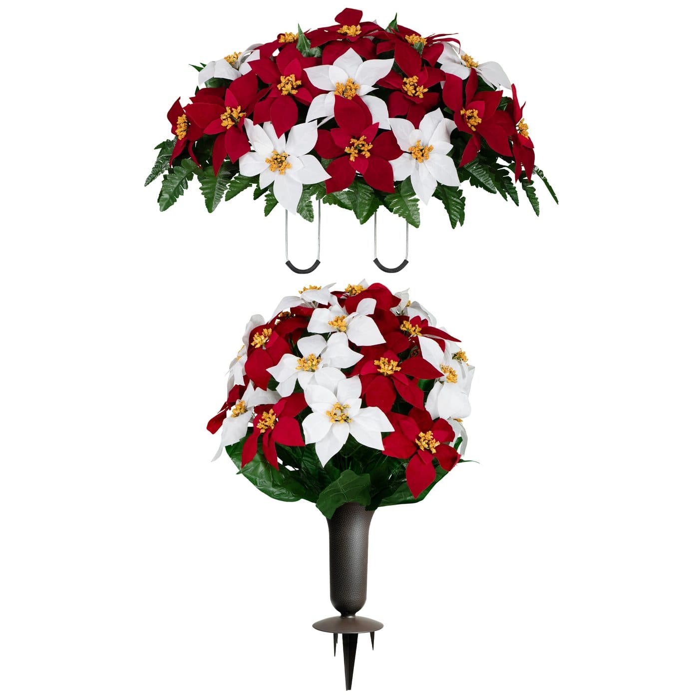 Red and White Poinsettia Saddle with 1 Bouquet and 1 Sympathy Silks Vase - View 1