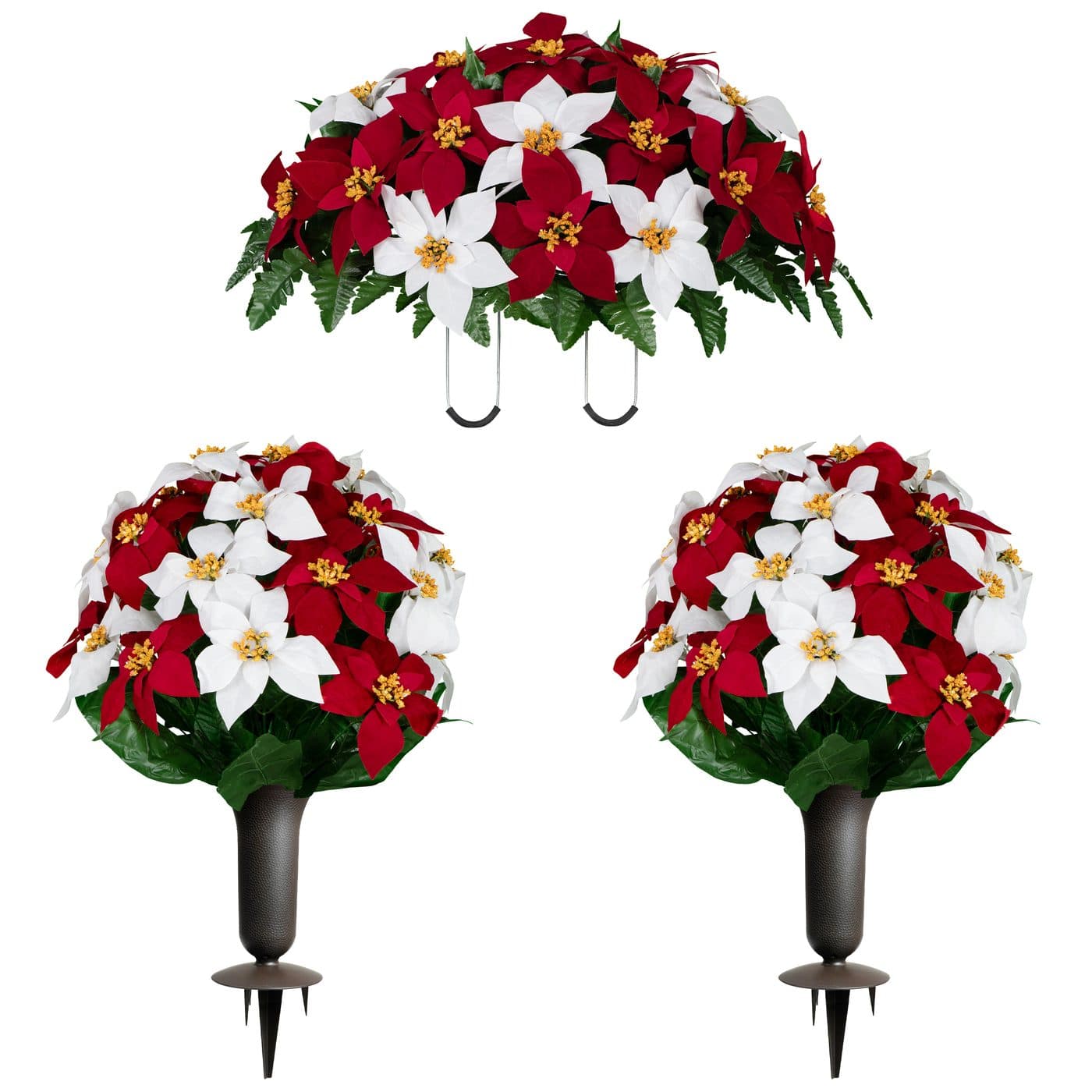 Red and White Poinsettia Saddle with 2 Bouquets and 2 Sympathy Silks Vases