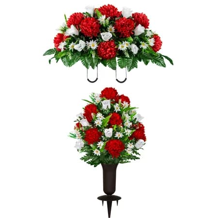Red Mum and White Rose Saddle and 1 Bouquet with Sympathy Silks Vase