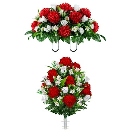 Red Mum and White Rose Saddle and 1 Bouquet - View 1